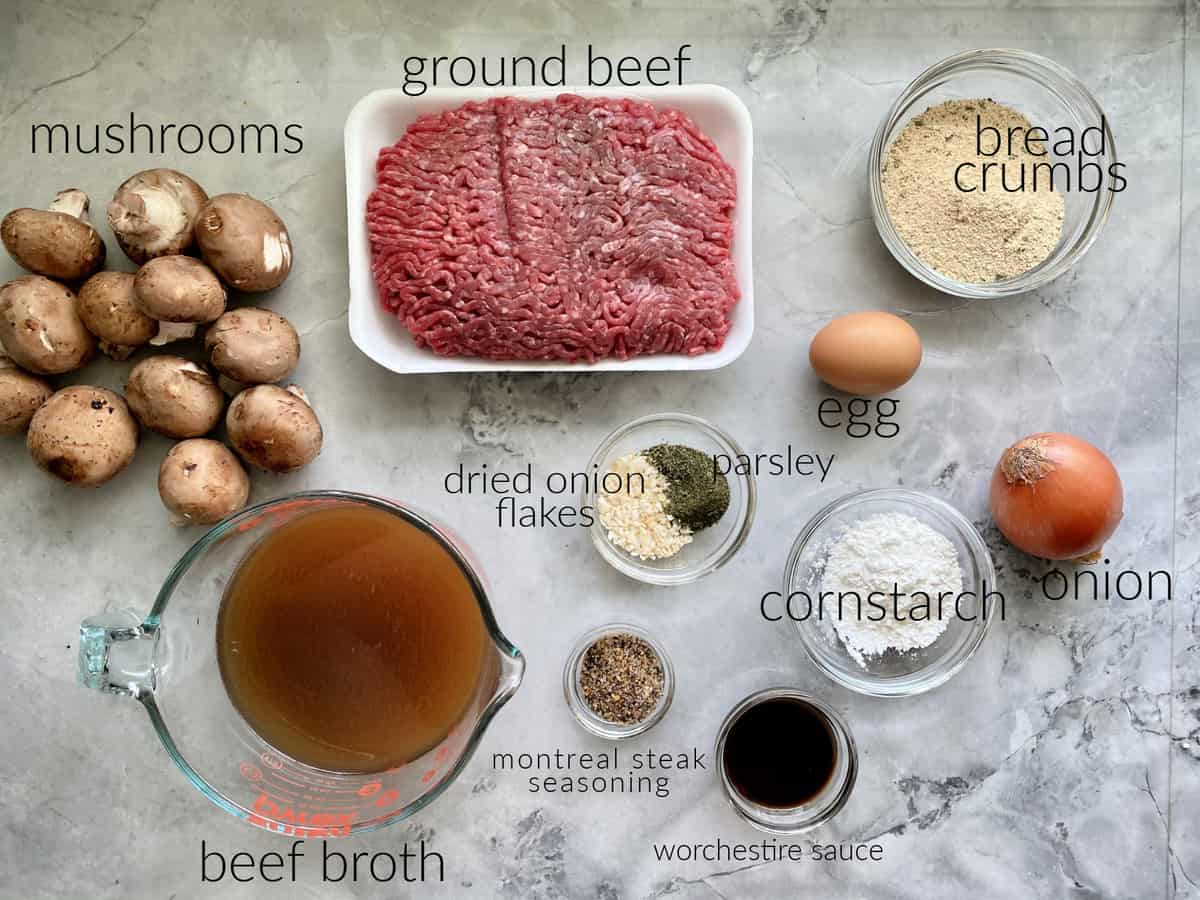 Ingredients; ground beef, broth, mushrooms, onions, corn starch, steaking seasoning, egg, bread crumbs.