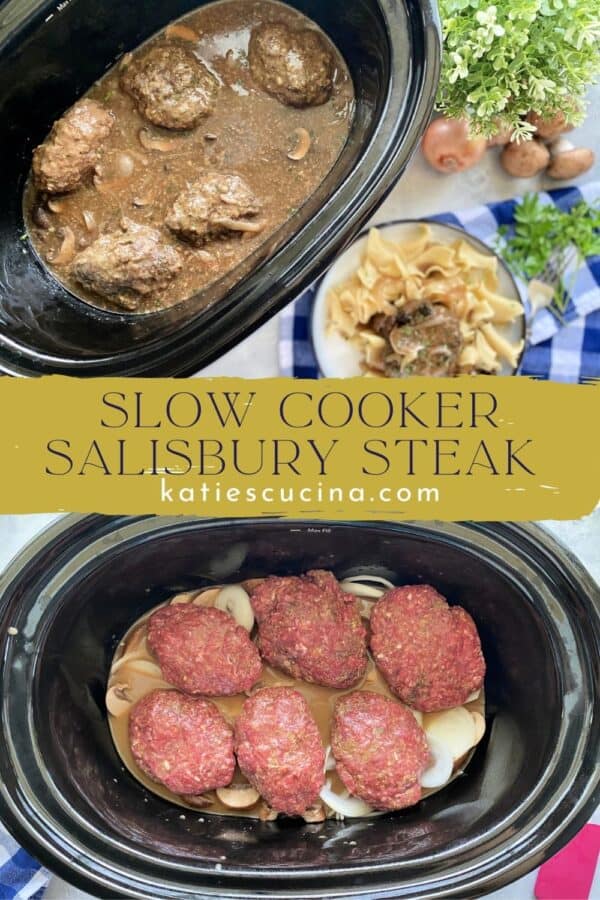 Two photos split by text, top of a black slow cooker with cooked steaks and gravy. Bottom of 6 raw ground beef steaks sitting on liquid and onions.