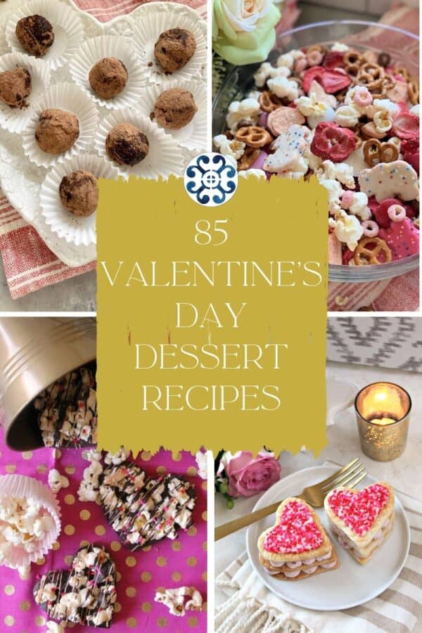 Four photo collage of red, white, and pink heart shaped desserts with text on image for Pinterest.