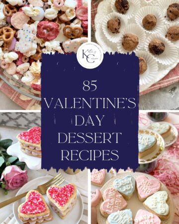 Four photo collage of pink and white heart shaped desserts with text on image for Pinterest.