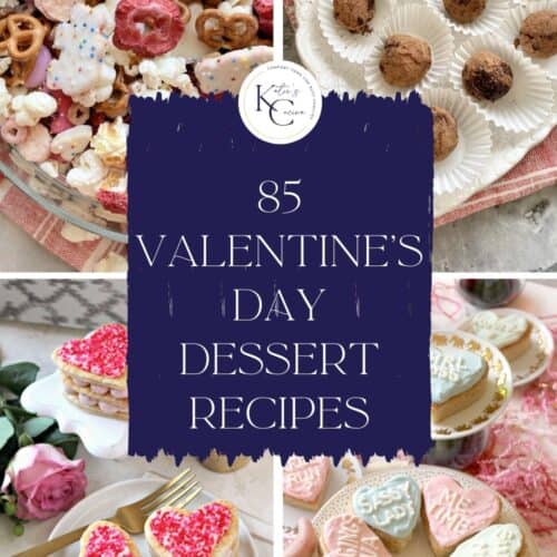 Four photo collage of pink and white heart shaped desserts with text on image for Pinterest.