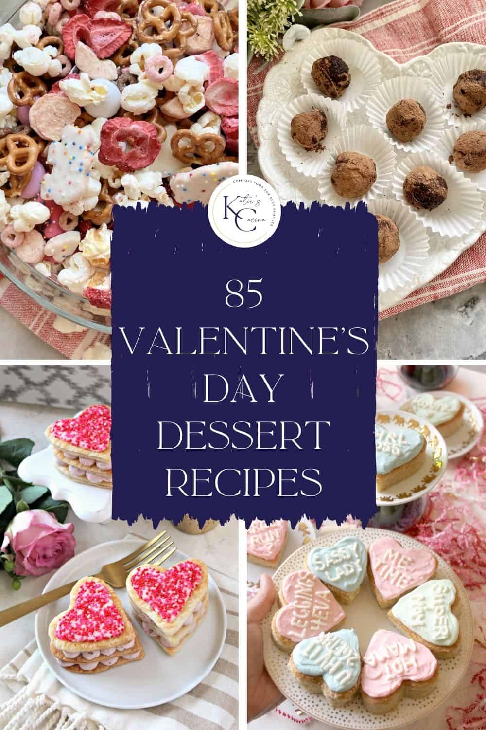Four photo collage of pink and white heart shaped desserts with text on image for Pinterest.