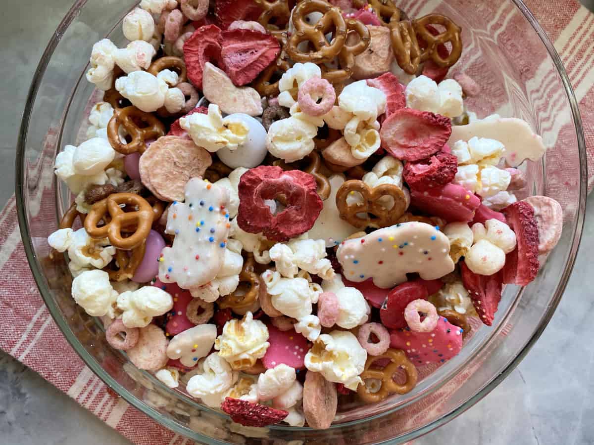 Top view of a bowl of pretzels, popcorn, and animal cookies.