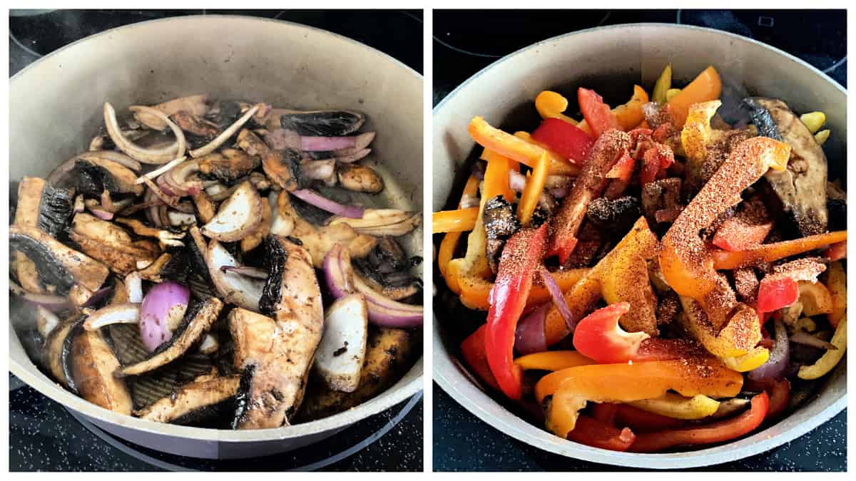 Two photos of a skillet with mushrooms, onions, and bell peppers.