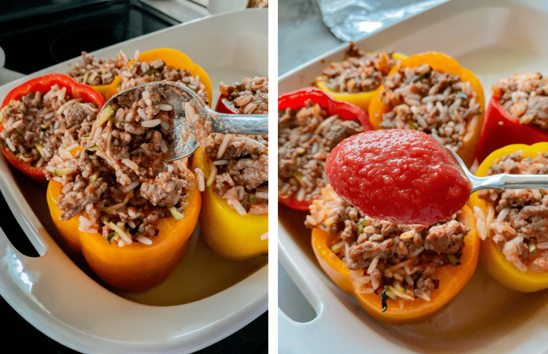 four bell peppers orange, red, and yellow with beef and rice