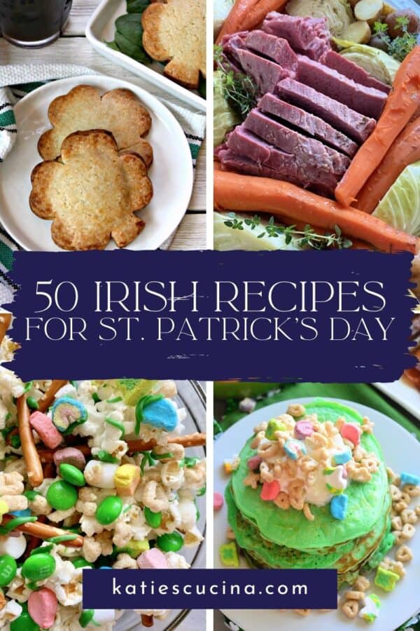 Four photos of irish recipes with text on image for Pinterest.