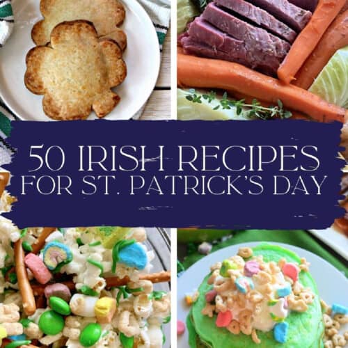Four Irish recipes with recipe title text on image for Pinterest.