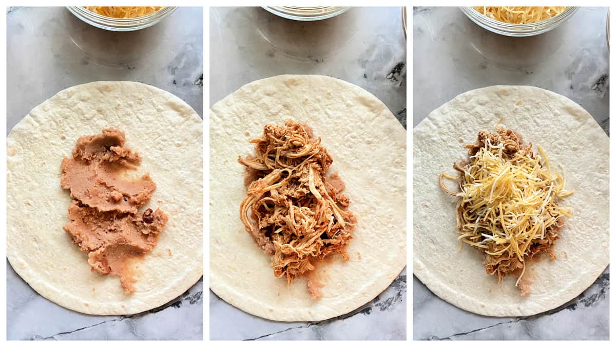 Three step process showing how to place filling in a Chicken Chimichanga.