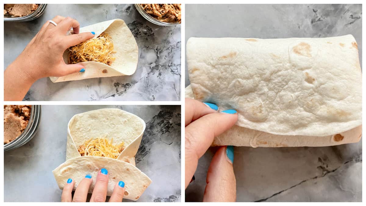 Three step photo showing how to wrap a Chicken Chimichanga with a flour tortillas.