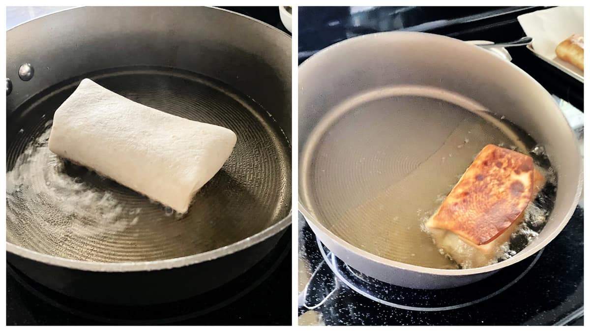 Two photos of a frying pan filled with oil with a burrito frying in it.