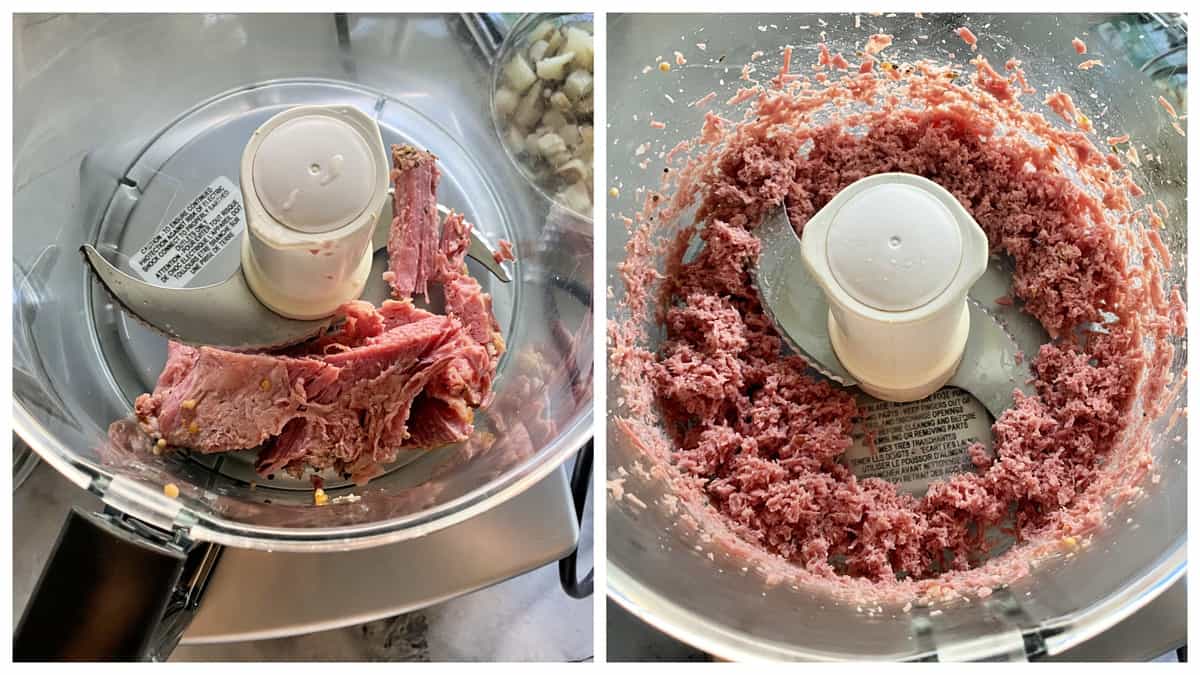 Two photos; left of corned beef in a food processor, right of the corned beef pureed.