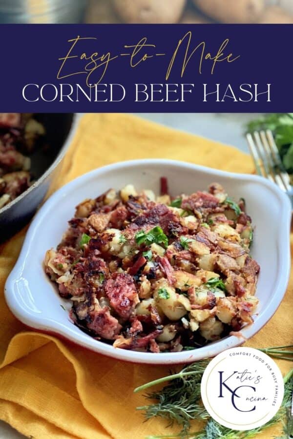 White dish filled with corned beef hash with text on image for Pinterest.