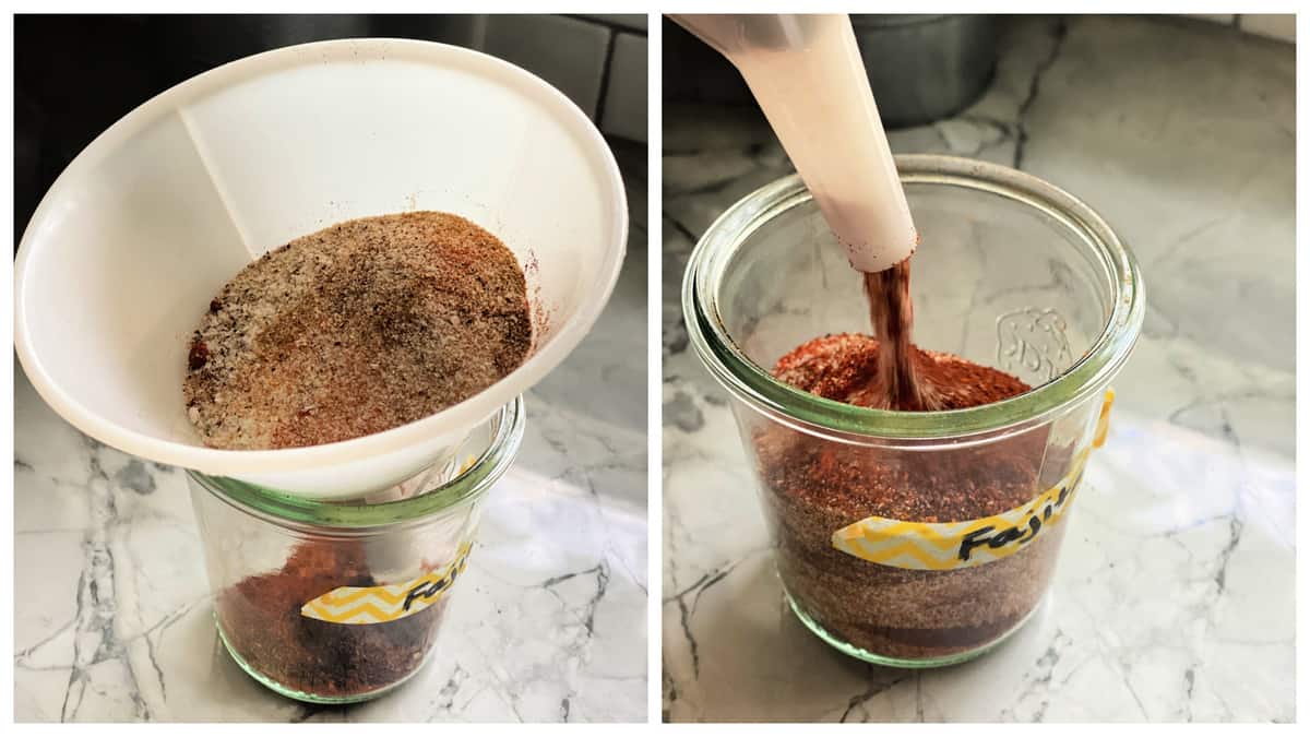 Two photos; left of a funnel with seasoning going into a jar and right of funnel pouring in jar.
