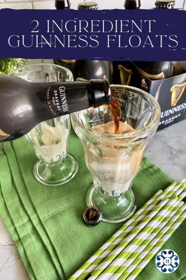 Guinness beer being poured into a tall glass with text on image for Pinterest.