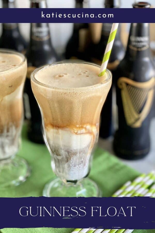 Two glasses of beer ice cream floats with text on image for Pinterest.