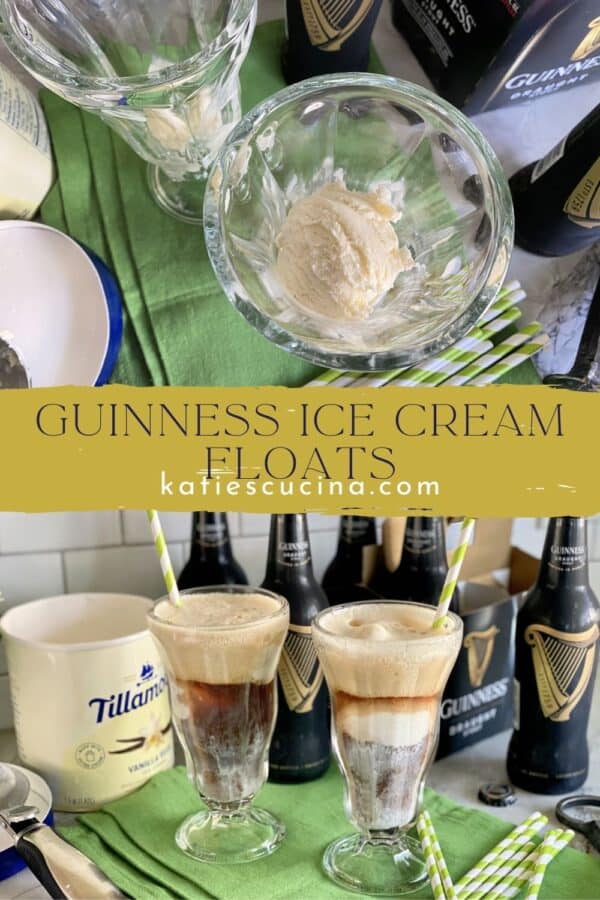 Two photos split by text; top of ice cream in glasses, bottom of beer floats.