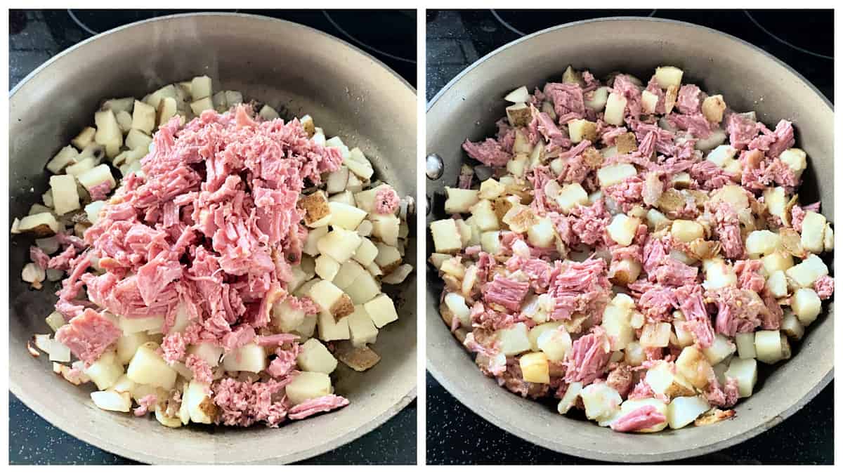 Two photos of corned beef and potatoes in a skillet.