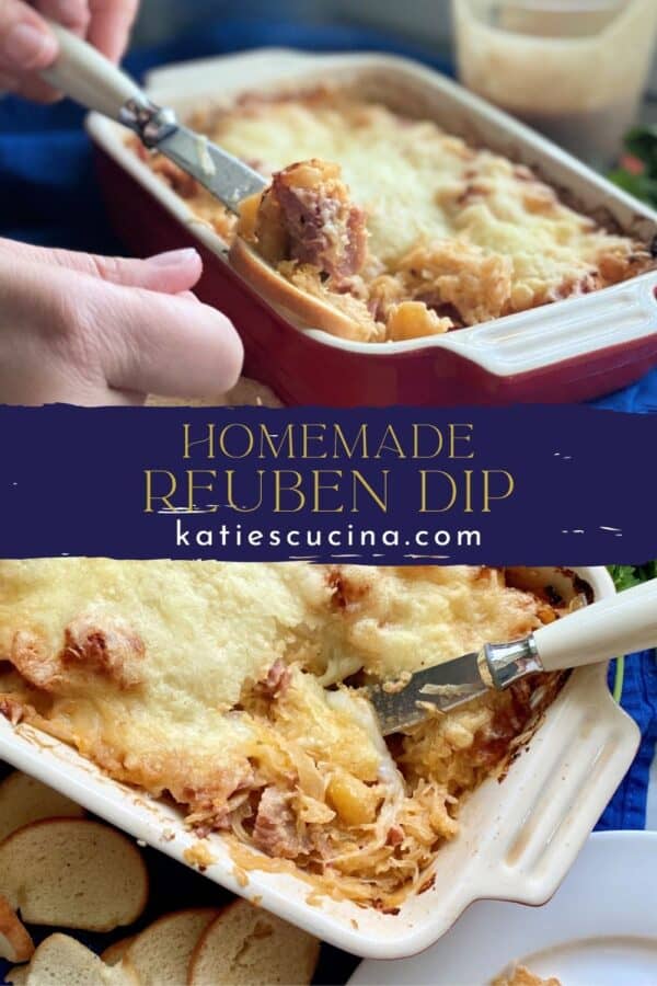 Two photos of baked dip divided between text on image for Pinterest.