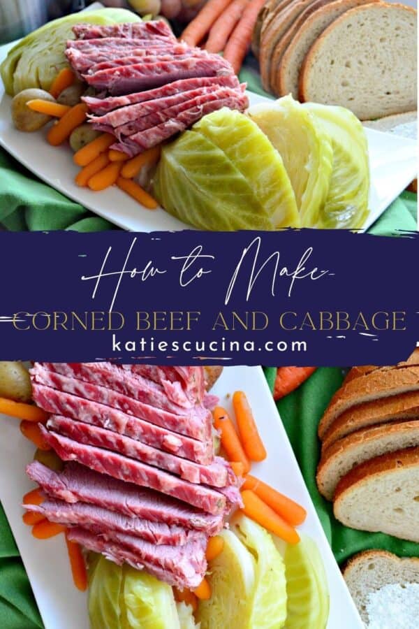 Two photos split by text, both photos show different angles of corned beef and cabbage on a platter.