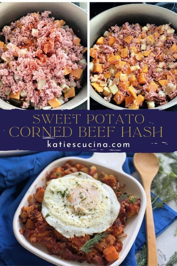 Three photos: top two of making corned beef hash, bottom of a plate filled with corned beef hash split by text on image.