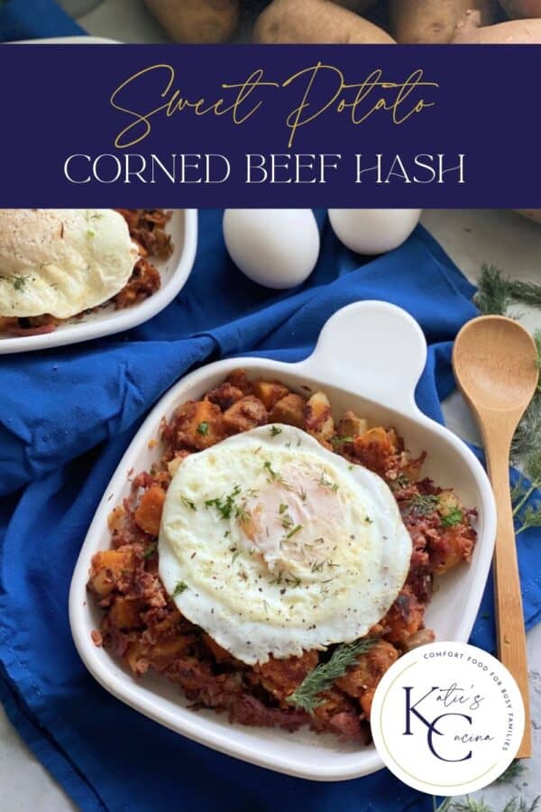 Top view of a square plate with Sweet Potato Corned Beef Hash and egg with text on image for Pinterest.