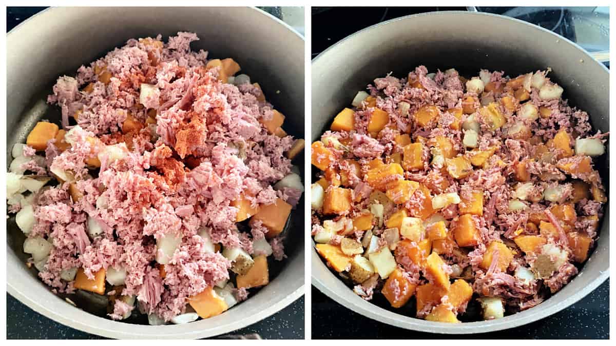 Two photos: left corned beef ingredients in the pan, right mixed and smashed together.