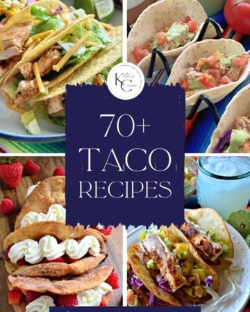 Four vertical photos of tacos on plates with recipe title text on image.