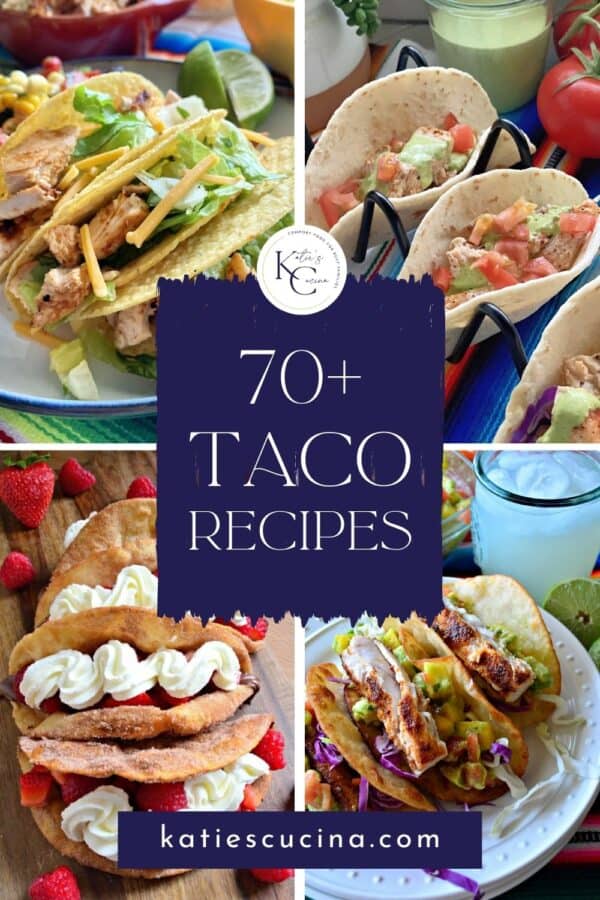 Four vertical photos of tacos on plates with recipe title text on image.
