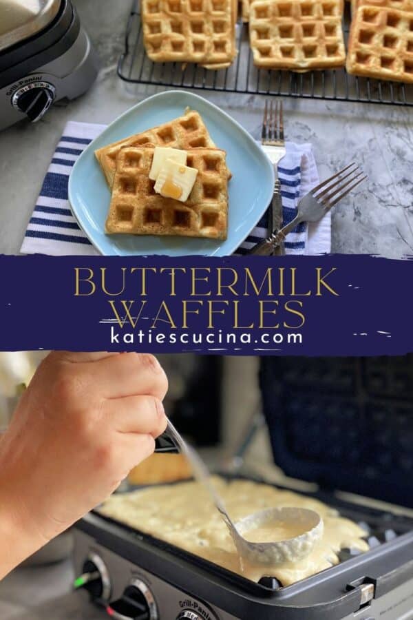 Two photos of waffles split by with recipe name on image for Pinterest.