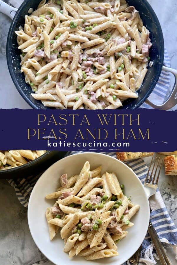 Top view of a skillet of pasta on top divided by text on image for Pinterest and a bottom bowl of pasta.