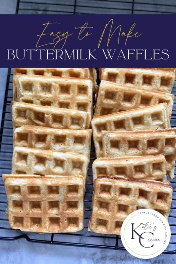 Top view of a wire rack filled with waffles with recipe name on image for Pinterest.