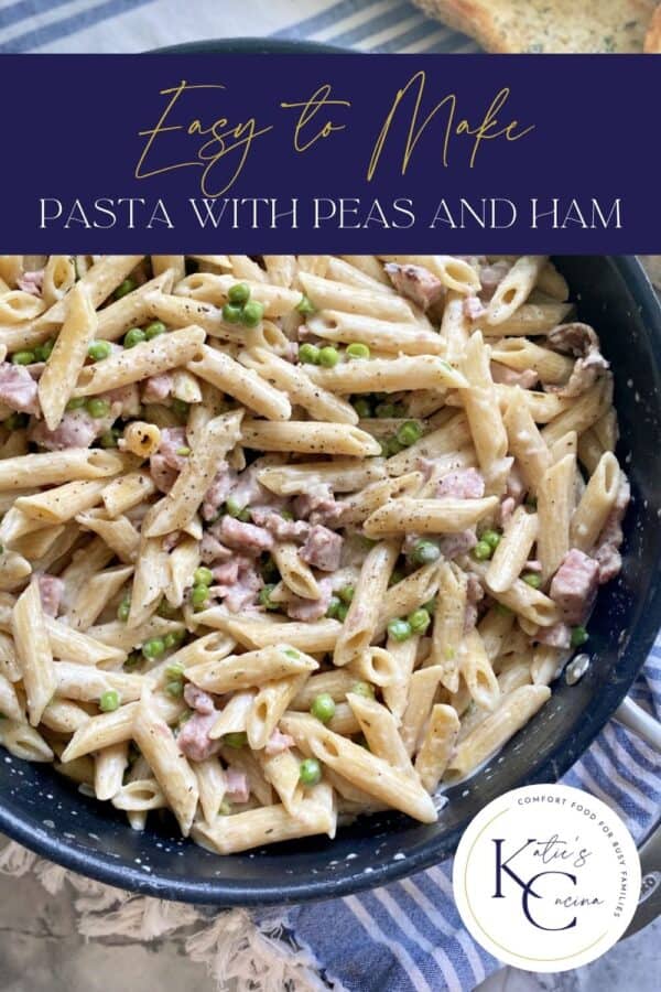 Top view of a skillet full of penne pasta with text on image for Pinterest.