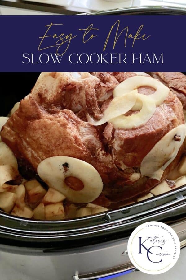 Close up of a ham in a slow cooker with text on image for Pinterest.