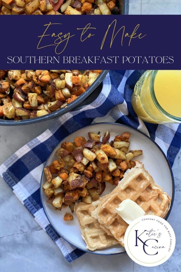 Top view of a plate filled with breakfast potatoes and waffles with text on image for Pinterest.