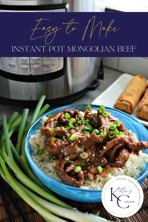 Blue bowl filled with white rice and beef with sesame seeds and green onions with text on image for Pinterest.