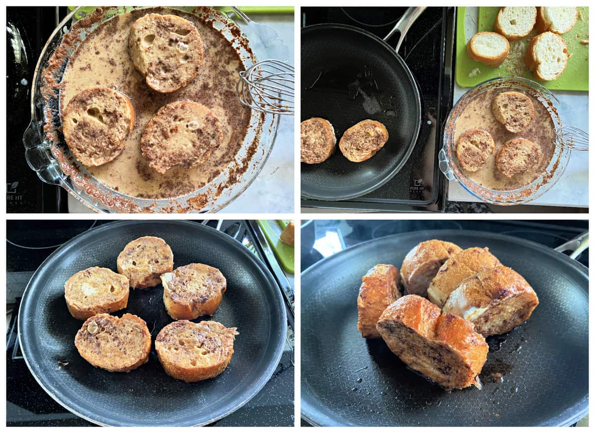 Four photos sharing the process of making and frying french toast in a skillet.
