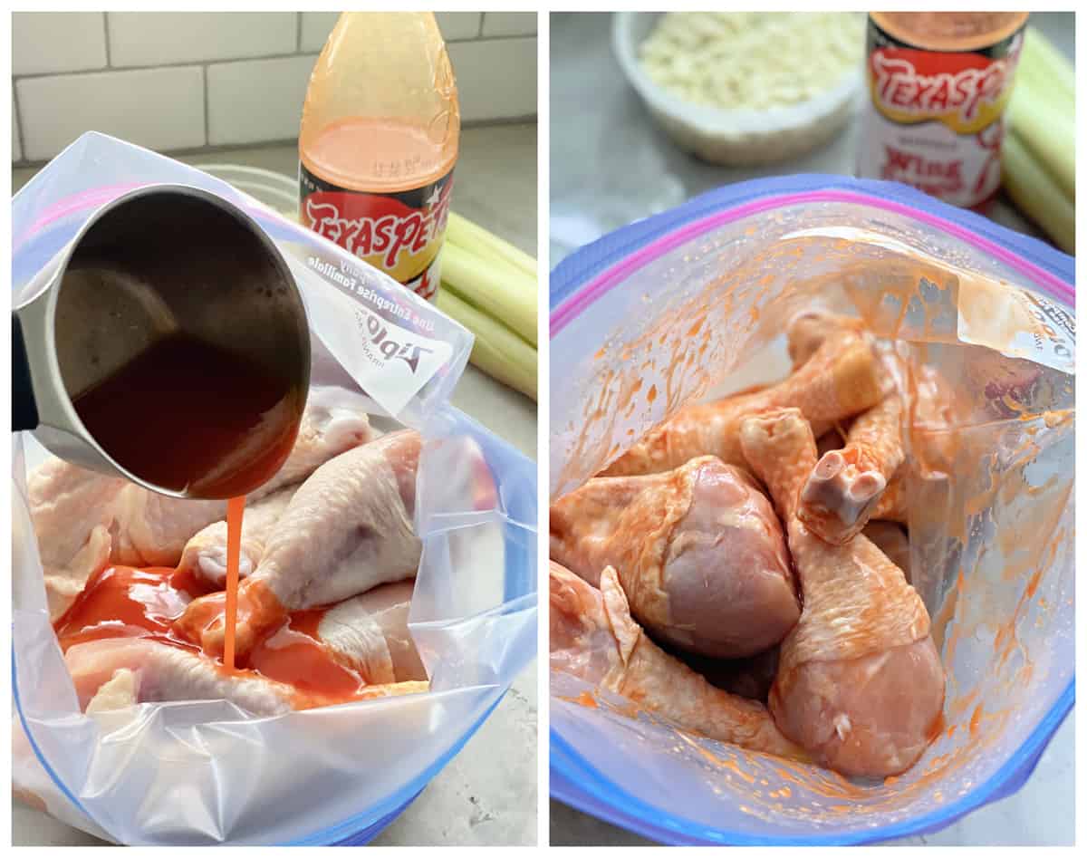 Two photos showing buffalo sauce being poured on and massaged on to chicken drumsticks.