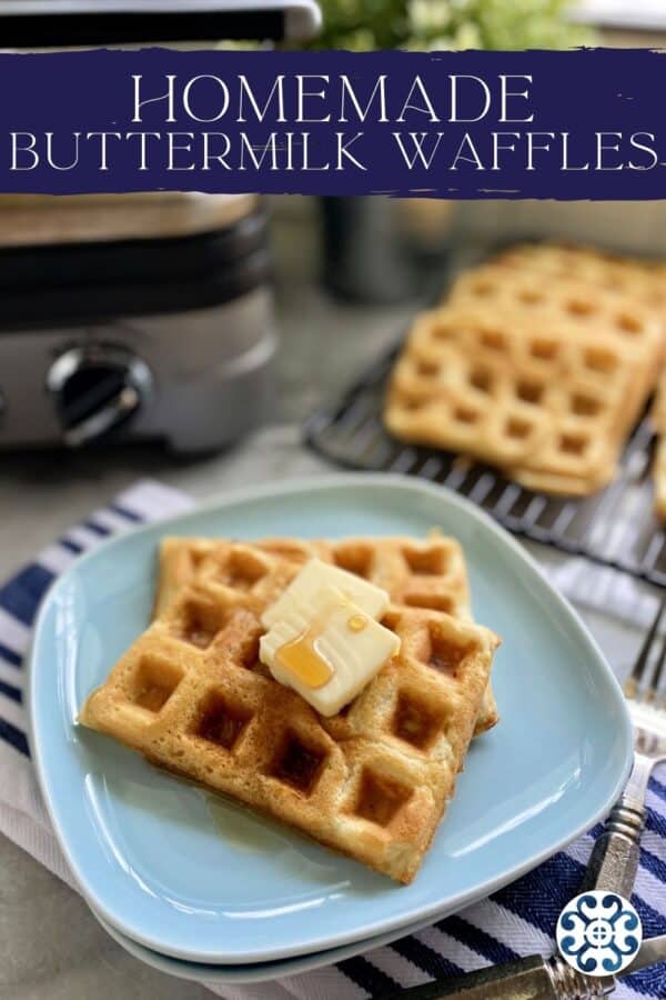 Blue plate filled with two waffles with recipe name on image for Pinterest.