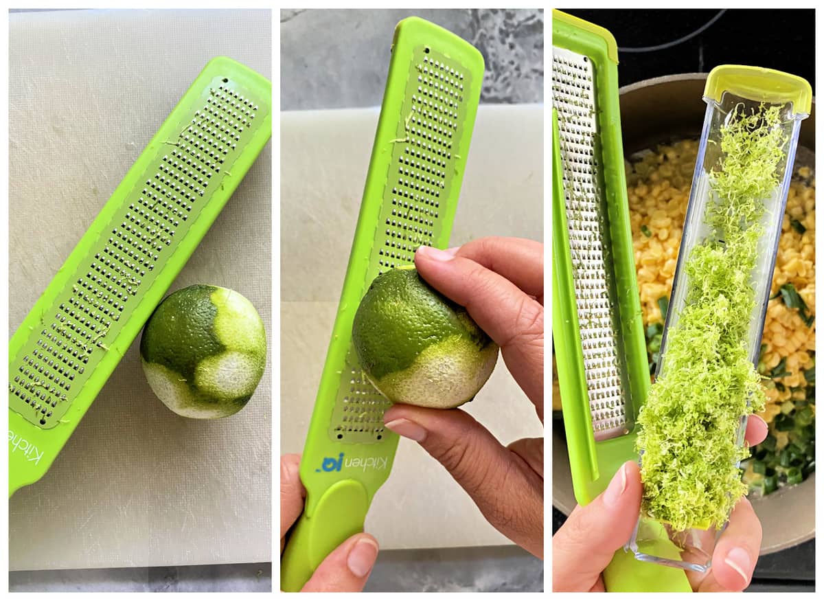 Three photos of a female hand zesting lime on a green zester.