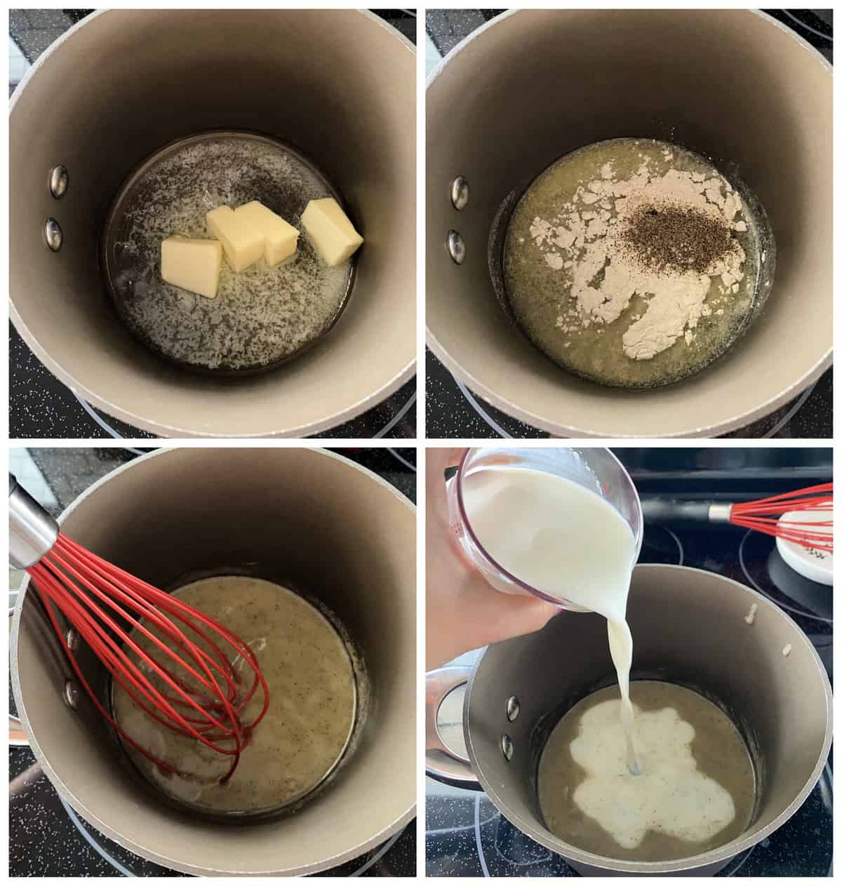 Four photos showing the process of how to make white gravy on the stovetop in a saucepan.