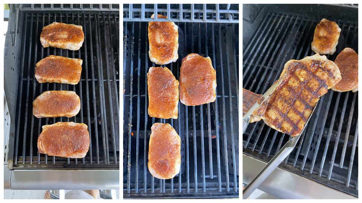 Three progression photos showing how to make grill marks on pork chops.