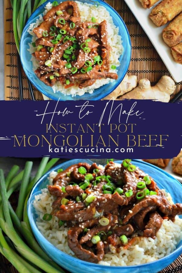 Two photos of mongolian beef over rice in a blue bowl split by text on image.