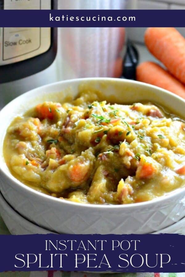 Two white bowls stacked with the top bowl filled with split pea soup.