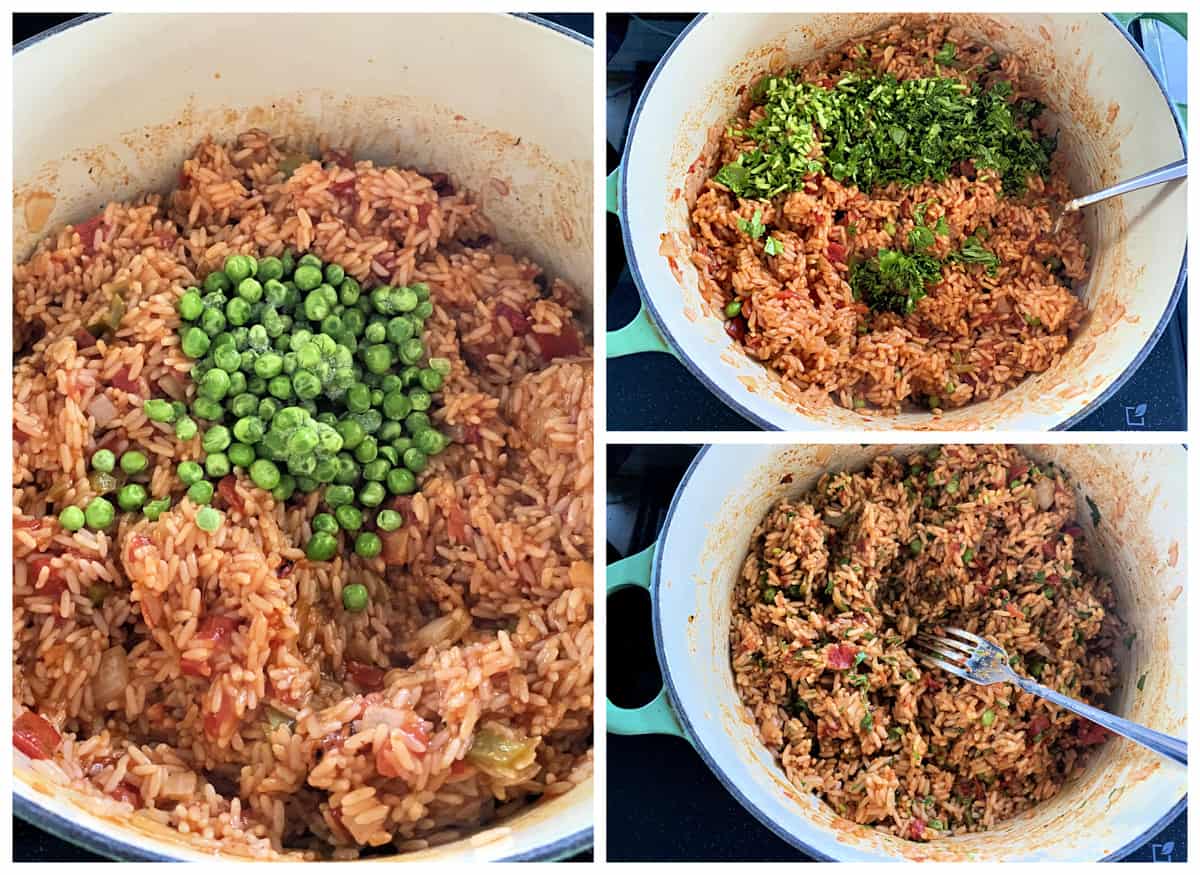 Three photos showing mixing in toppings and fluffing rice in a pot.