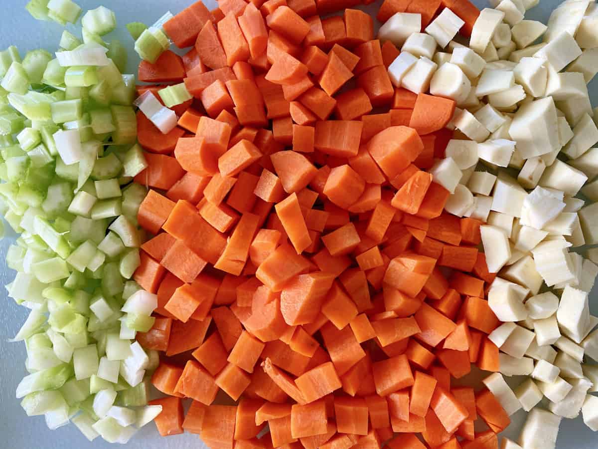 Diced green celery, chopped carrots, and parsnips.