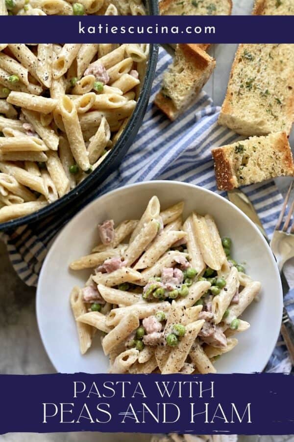 Top view of a skillet and bowl filled of creamy pasta with text on image for Pinterest.