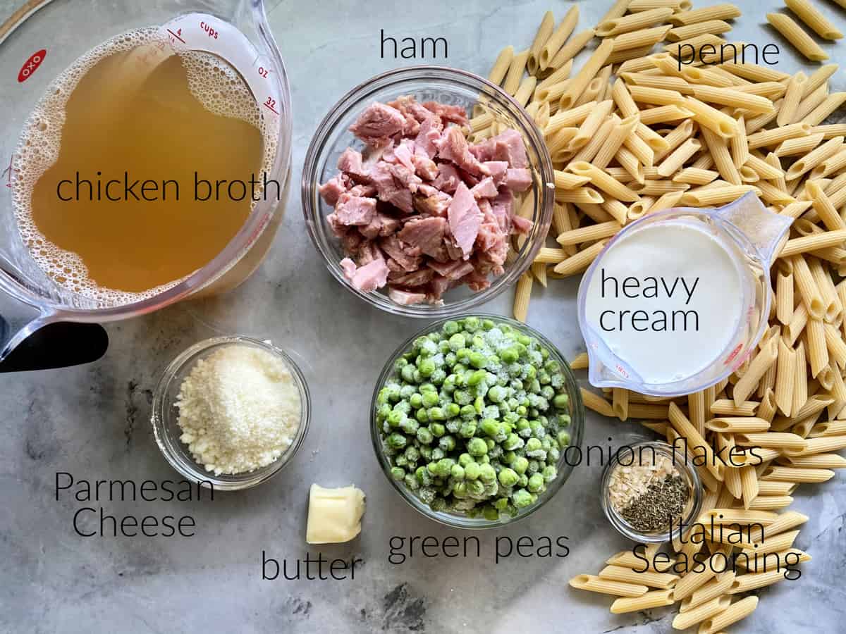 Ingredients: broth, cheese, butter, peas, ham, penne pasta, heavy cream, onion flakes, and Italian seasoning.