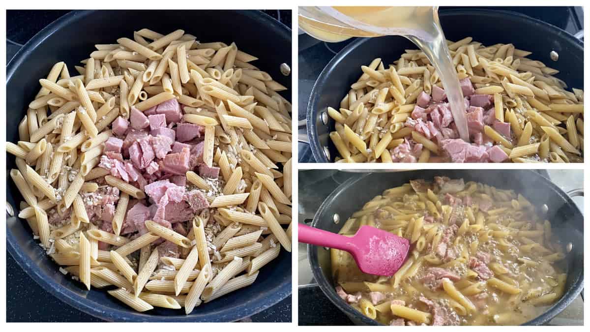 Threee photos of cooking process of penne, ham, and broth.