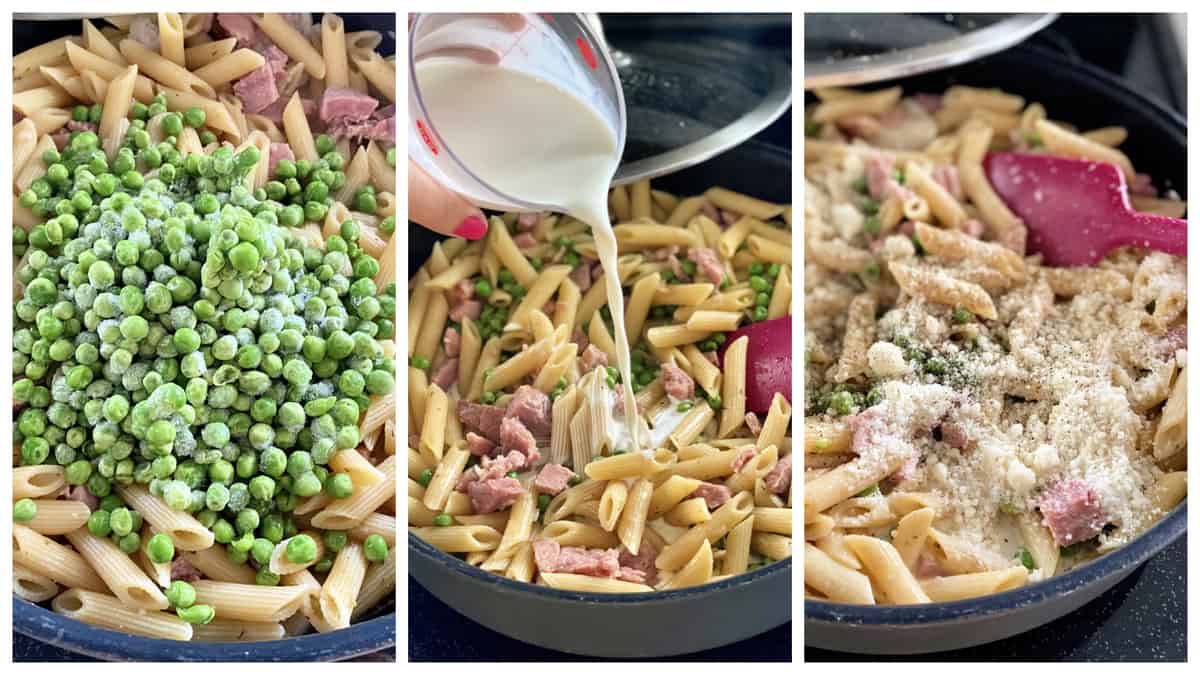 Three photos of skillet pasta with peas, pouring cream, and cheese.