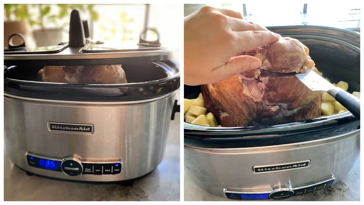 Two photos of a stainless steel crockpot and a ham inside being cut down to fit.